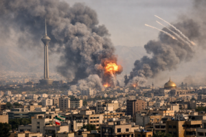 Iran War : Smoke over Tehran after airstrikes during Iran war conflict