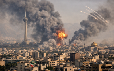 Iran War : Smoke over Tehran after airstrikes during Iran war conflict